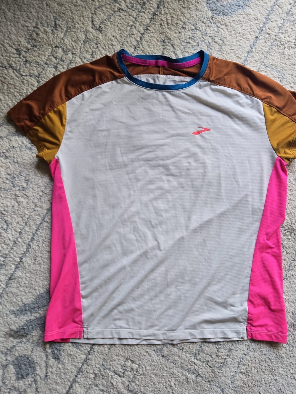 Brooks White Running Tee with Pink, Brown & Mustard Accents